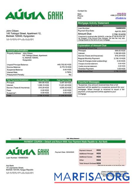 Blank Kyrgyzstan Aiyl Bank mortgage statement Word and PDF template